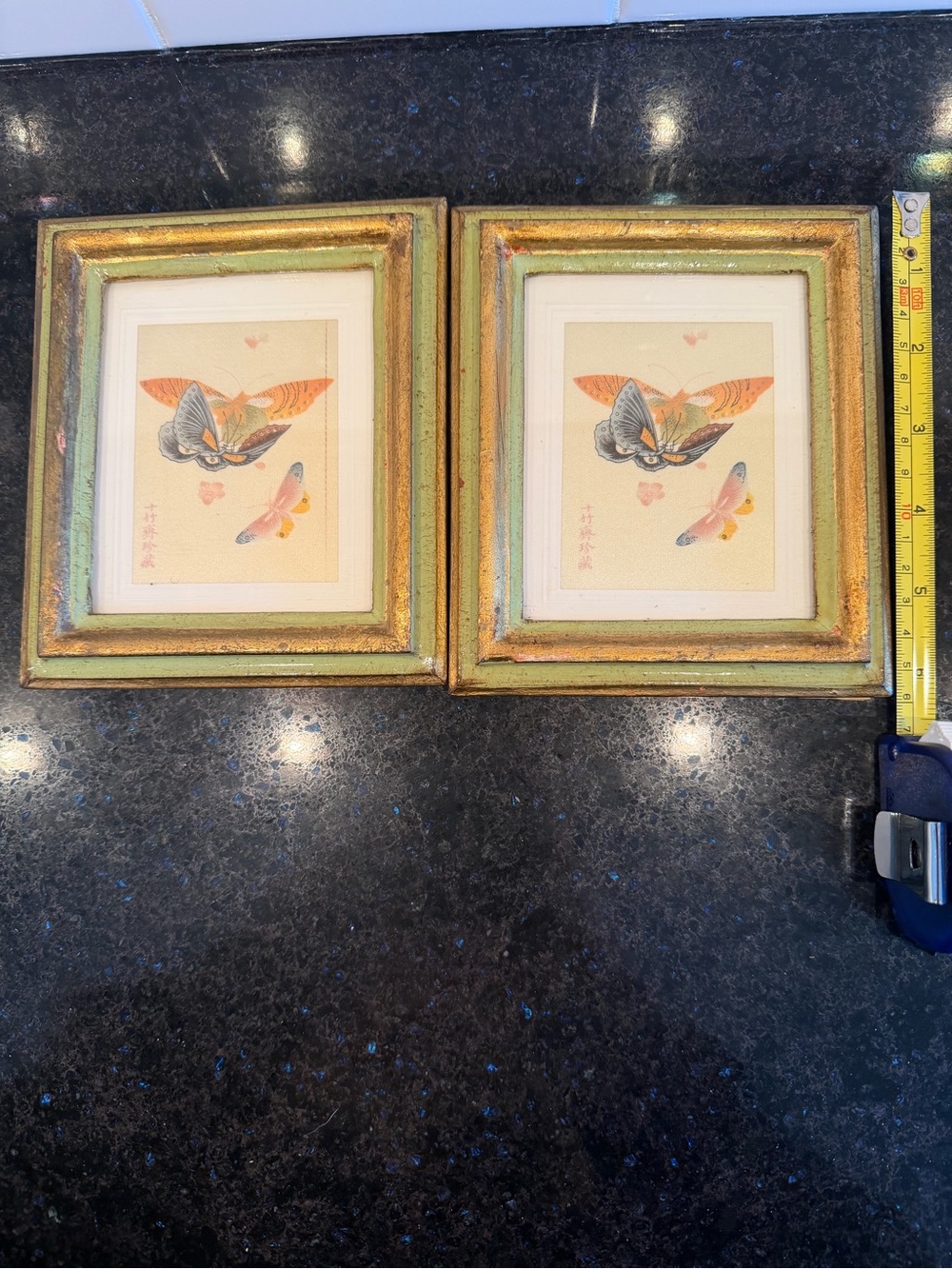Pair of Framed Asian inspired Butterfly Prints in Gold and Green Frames